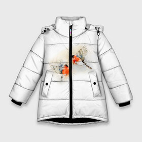Зимняя куртка для девочек 3D с принтом Снегири в Новосибирске, ткань верха — 100% полиэстер; подклад — 100% полиэстер, утеплитель — 100% полиэстер. | длина ниже бедра, удлиненная спинка, воротник стойка и отстегивающийся капюшон. Есть боковые карманы с листочкой на кнопках, утяжки по низу изделия и внутренний карман на молнии. 

Предусмотрены светоотражающий принт на спинке, радужный светоотражающий элемент на пуллере молнии и на резинке для утяжки. | Тематика изображения на принте: животные | зима | новый год | птицы | снег | снегири