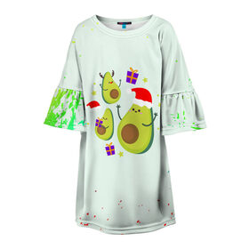 Детское платье 3D с принтом Новогодние Авокадо в Новосибирске, 100% полиэстер | прямой силуэт, чуть расширенный к низу. Круглая горловина, на рукавах — воланы | Тематика изображения на принте: авокадо | веган | еда блогеров | мемы | минимализм | прикольные картинки | прикольные надписи | растение | смешное авокадо | фрукт
