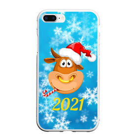 Чехол для iPhone 7Plus/8 Plus матовый с принтом Год быка 2021 в Новосибирске, Силикон | Область печати: задняя сторона чехла, без боковых панелей | Тематика изображения на принте: 2021 | 7 января | bull | newyear | santa | бык | быки | бычок | год быка | дед мороз | корова | новогодние каникулы | новогодние праздники | новый 2021 | новый год | новый год 2021 | рождество | сани | санта | санта клаус