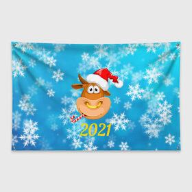 Флаг-баннер с принтом Год быка 2021 в Новосибирске, 100% полиэстер | размер 67 х 109 см, плотность ткани — 95 г/м2; по краям флага есть четыре люверса для крепления | 2021 | 7 января | bull | newyear | santa | бык | быки | бычок | год быка | дед мороз | корова | новогодние каникулы | новогодние праздники | новый 2021 | новый год | новый год 2021 | рождество | сани | санта | санта клаус