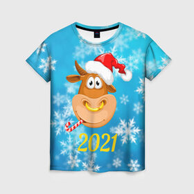 Женская футболка 3D с принтом Год быка 2021 в Новосибирске, 100% полиэфир ( синтетическое хлопкоподобное полотно) | прямой крой, круглый вырез горловины, длина до линии бедер | 2021 | 7 января | bull | newyear | santa | бык | быки | бычок | год быка | дед мороз | корова | новогодние каникулы | новогодние праздники | новый 2021 | новый год | новый год 2021 | рождество | сани | санта | санта клаус