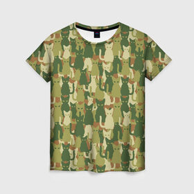 Женская футболка 3D с принтом Камуфляж из котов в Новосибирске, 100% полиэфир ( синтетическое хлопкоподобное полотно) | прямой крой, круглый вырез горловины, длина до линии бедер | 23 февраля | армия | военная | зелень | камуфляж | листья | маскировка | паттерн | солдат | текстуры