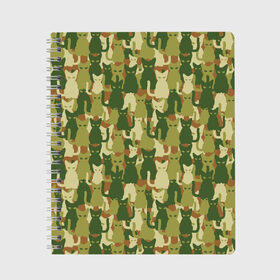 Тетрадь с принтом Камуфляж из котов в Новосибирске, 100% бумага | 48 листов, плотность листов — 60 г/м2, плотность картонной обложки — 250 г/м2. Листы скреплены сбоку удобной пружинной спиралью. Уголки страниц и обложки скругленные. Цвет линий — светло-серый
 | Тематика изображения на принте: 23 февраля | армия | военная | зелень | камуфляж | листья | маскировка | паттерн | солдат | текстуры