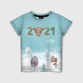 Детская футболка 3D с принтом Год быка 2021 в Новосибирске, 100% гипоаллергенный полиэфир | прямой крой, круглый вырез горловины, длина до линии бедер, чуть спущенное плечо, ткань немного тянется | 2021 | 7 января | bull | newyear | santa | бык | быки | бычок | год быка | дед мороз | корова | новогодние каникулы | новогодние праздники | новый 2021 | новый год | новый год 2021 | рождество | сани | санта | санта клаус