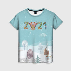 Женская футболка 3D с принтом Год быка 2021 в Новосибирске, 100% полиэфир ( синтетическое хлопкоподобное полотно) | прямой крой, круглый вырез горловины, длина до линии бедер | 2021 | 7 января | bull | newyear | santa | бык | быки | бычок | год быка | дед мороз | корова | новогодние каникулы | новогодние праздники | новый 2021 | новый год | новый год 2021 | рождество | сани | санта | санта клаус