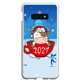 Чехол для Samsung S10E с принтом бык в кружке 2021 в Новосибирске, Силикон | Область печати: задняя сторона чехла, без боковых панелей | 2021 | 7 января | bull | newyear | santa | бык | быки | бычок | год быка | дед мороз | корова | новогодние каникулы | новогодние праздники | новый 2021 | новый год | новый год 2021 | рождество | сани | санта | санта клаус