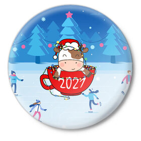 Значок с принтом бык в кружке 2021 в Новосибирске,  металл | круглая форма, металлическая застежка в виде булавки | 2021 | 7 января | bull | newyear | santa | бык | быки | бычок | год быка | дед мороз | корова | новогодние каникулы | новогодние праздники | новый 2021 | новый год | новый год 2021 | рождество | сани | санта | санта клаус