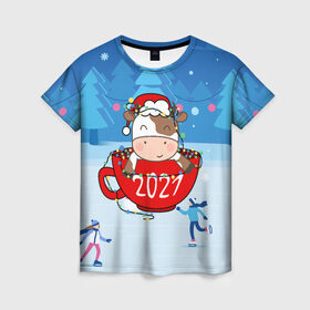 Женская футболка 3D с принтом бык в кружке 2021 в Новосибирске, 100% полиэфир ( синтетическое хлопкоподобное полотно) | прямой крой, круглый вырез горловины, длина до линии бедер | 2021 | 7 января | bull | newyear | santa | бык | быки | бычок | год быка | дед мороз | корова | новогодние каникулы | новогодние праздники | новый 2021 | новый год | новый год 2021 | рождество | сани | санта | санта клаус