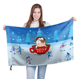 Флаг 3D с принтом бык в кружке 2021 в Новосибирске, 100% полиэстер | плотность ткани — 95 г/м2, размер — 67 х 109 см. Принт наносится с одной стороны | 2021 | 7 января | bull | newyear | santa | бык | быки | бычок | год быка | дед мороз | корова | новогодние каникулы | новогодние праздники | новый 2021 | новый год | новый год 2021 | рождество | сани | санта | санта клаус