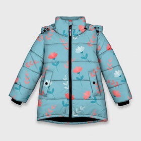 Зимняя куртка для девочек 3D с принтом Цветочки и листики на голубом в Новосибирске, ткань верха — 100% полиэстер; подклад — 100% полиэстер, утеплитель — 100% полиэстер. | длина ниже бедра, удлиненная спинка, воротник стойка и отстегивающийся капюшон. Есть боковые карманы с листочкой на кнопках, утяжки по низу изделия и внутренний карман на молнии. 

Предусмотрены светоотражающий принт на спинке, радужный светоотражающий элемент на пуллере молнии и на резинке для утяжки. | 8 марта | весна | день рождения | коралловый | лето | листики | паттерн | праздник | узор | цветочки