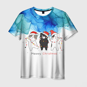 Мужская футболка 3D с принтом Meowy christmas в Новосибирске, 100% полиэфир | прямой крой, круглый вырез горловины, длина до линии бедер | new year | арт | графика | дед мороз | зима | новый год | рождество | санта