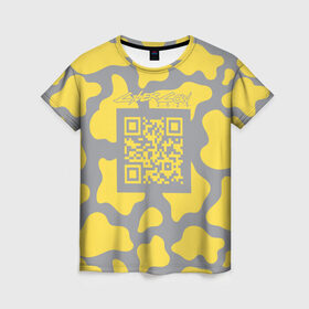 Женская футболка 3D с принтом CyberCow 2021 в Новосибирске, 100% полиэфир ( синтетическое хлопкоподобное полотно) | прямой крой, круглый вырез горловины, длина до линии бедер | cyberpunk | cyberrussia | illuminating | pantone | qr code | ultimate grey | безупречный | бык | желтый | киберкорова | корова | новый год | освещающий | пятна | серый