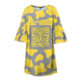 Детское платье 3D с принтом CyberCow 2021 в Новосибирске, 100% полиэстер | прямой силуэт, чуть расширенный к низу. Круглая горловина, на рукавах — воланы | cyberpunk | cyberrussia | illuminating | pantone | qr code | ultimate grey | безупречный | бык | желтый | киберкорова | корова | новый год | освещающий | пятна | серый