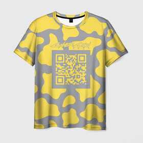 Мужская футболка 3D с принтом CyberCow 2021 в Новосибирске, 100% полиэфир | прямой крой, круглый вырез горловины, длина до линии бедер | Тематика изображения на принте: cyberpunk | cyberrussia | illuminating | pantone | qr code | ultimate grey | безупречный | бык | желтый | киберкорова | корова | новый год | освещающий | пятна | серый