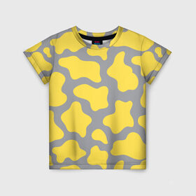 Детская футболка 3D с принтом Желто-серая корова в Новосибирске, 100% гипоаллергенный полиэфир | прямой крой, круглый вырез горловины, длина до линии бедер, чуть спущенное плечо, ткань немного тянется | illuminating | pantone | ultimate grey | безупречный | бык | желтый | корова | новый год | освещающий | пятна | серый