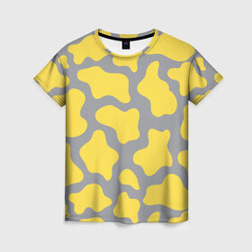 Женская футболка 3D с принтом Желто-серая корова в Новосибирске, 100% полиэфир ( синтетическое хлопкоподобное полотно) | прямой крой, круглый вырез горловины, длина до линии бедер | illuminating | pantone | ultimate grey | безупречный | бык | желтый | корова | новый год | освещающий | пятна | серый