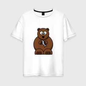 Женская футболка хлопок Oversize с принтом медведь с рыбой в Новосибирске, 100% хлопок | свободный крой, круглый ворот, спущенный рукав, длина до линии бедер
 | гризли | детские | живая | животные | звери | картинки | медведь | мультфильмы | популярные | прикольные | природа | рыба | тренды | хищники