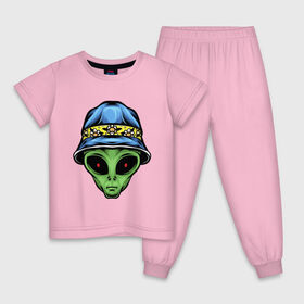 Детская пижама хлопок с принтом Alien in panama в Новосибирске, 100% хлопок |  брюки и футболка прямого кроя, без карманов, на брюках мягкая резинка на поясе и по низу штанин
 | alien | инопланетянин | кепка | нло | пришелец | хипстер | шляпа