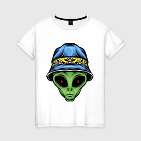 Женская футболка хлопок с принтом Alien in panama в Новосибирске, 100% хлопок | прямой крой, круглый вырез горловины, длина до линии бедер, слегка спущенное плечо | alien | инопланетянин | кепка | нло | пришелец | хипстер | шляпа