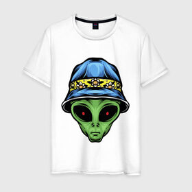 Мужская футболка хлопок с принтом Alien in panama в Новосибирске, 100% хлопок | прямой крой, круглый вырез горловины, длина до линии бедер, слегка спущенное плечо. | alien | инопланетянин | кепка | нло | пришелец | хипстер | шляпа