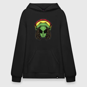 Худи SuperOversize хлопок с принтом Reggae alien в Новосибирске, 70% хлопок, 30% полиэстер, мягкий начес внутри | карман-кенгуру, эластичная резинка на манжетах и по нижней кромке, двухслойный капюшон
 | Тематика изображения на принте: alien | волосы | инопланетянин | кепка | нло | пришелец | растаман | регги | хипстер | шляпа