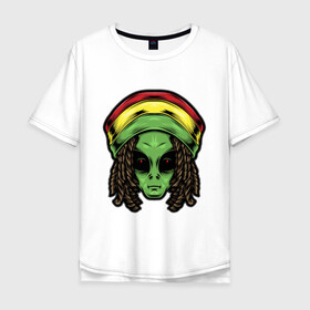 Мужская футболка хлопок Oversize с принтом Reggae alien в Новосибирске, 100% хлопок | свободный крой, круглый ворот, “спинка” длиннее передней части | Тематика изображения на принте: alien | волосы | инопланетянин | кепка | нло | пришелец | растаман | регги | хипстер | шляпа