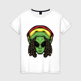 Женская футболка хлопок с принтом Reggae alien в Новосибирске, 100% хлопок | прямой крой, круглый вырез горловины, длина до линии бедер, слегка спущенное плечо | Тематика изображения на принте: alien | волосы | инопланетянин | кепка | нло | пришелец | растаман | регги | хипстер | шляпа