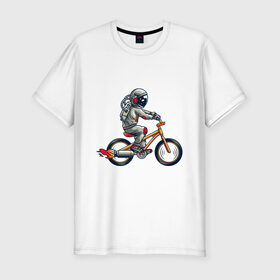 Мужская футболка хлопок Slim с принтом Астронавт на велосипеде в Новосибирске, 92% хлопок, 8% лайкра | приталенный силуэт, круглый вырез ворота, длина до линии бедра, короткий рукав | астронавт | велосипед | космонавт | космос | костюм | ракеты | скафандр | хипстер | шлем