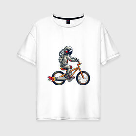 Женская футболка хлопок Oversize с принтом Астронавт на велосипеде в Новосибирске, 100% хлопок | свободный крой, круглый ворот, спущенный рукав, длина до линии бедер
 | астронавт | велосипед | космонавт | космос | костюм | ракеты | скафандр | хипстер | шлем