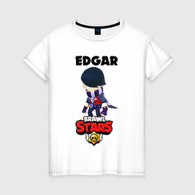 Женская футболка хлопок с принтом BRAWL STARS EDGAR. в Новосибирске, 100% хлопок | прямой крой, круглый вырез горловины, длина до линии бедер, слегка спущенное плечо | 8 bit | brawl stars | byron | colette | crow | edgar | gale | leon | max | mr.p | sally leon | shark | virus 8 bit | werewolf leon | акула | байрон | берли | бравл старс | ворон | коллет | макс | оборотень | эдгар