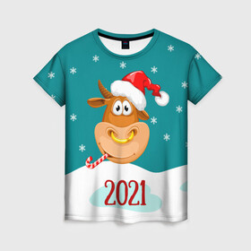 Женская футболка 3D с принтом 2021 Год быка в Новосибирске, 100% полиэфир ( синтетическое хлопкоподобное полотно) | прямой крой, круглый вырез горловины, длина до линии бедер | 2021 | 7 января | bull | newyear | santa | бык | быки | бычок | год быка | дед мороз | корова | новогодние каникулы | новогодние праздники | новый 2021 | новый год | новый год 2021 | рождество | сани | санта | санта клаус