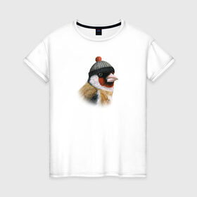 Женская футболка хлопок с принтом Щегол в Новосибирске, 100% хлопок | прямой крой, круглый вырез горловины, длина до линии бедер, слегка спущенное плечо | животные | пастель | птицы | птицы в шляпах | рисунок | шапка с помпоном | щегол