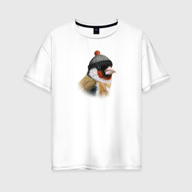 Женская футболка хлопок Oversize с принтом Щегол в Новосибирске, 100% хлопок | свободный крой, круглый ворот, спущенный рукав, длина до линии бедер
 | животные | пастель | птицы | птицы в шляпах | рисунок | шапка с помпоном | щегол