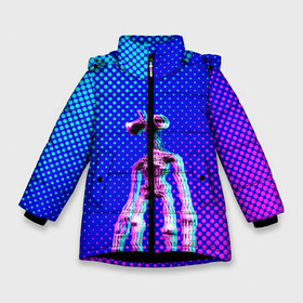 Зимняя куртка для девочек 3D с принтом Siren Head - Helloween в Новосибирске, ткань верха — 100% полиэстер; подклад — 100% полиэстер, утеплитель — 100% полиэстер. | длина ниже бедра, удлиненная спинка, воротник стойка и отстегивающийся капюшон. Есть боковые карманы с листочкой на кнопках, утяжки по низу изделия и внутренний карман на молнии. 

Предусмотрены светоотражающий принт на спинке, радужный светоотражающий элемент на пуллере молнии и на резинке для утяжки. | glitch | glitch siren head | rgb | siren head | sirena | глитч | глич | ретро | сирейноголовый | сирена | сиреноголовый