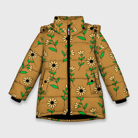 Зимняя куртка для девочек 3D с принтом Цветочки на темно желтом фоне в Новосибирске, ткань верха — 100% полиэстер; подклад — 100% полиэстер, утеплитель — 100% полиэстер. | длина ниже бедра, удлиненная спинка, воротник стойка и отстегивающийся капюшон. Есть боковые карманы с листочкой на кнопках, утяжки по низу изделия и внутренний карман на молнии. 

Предусмотрены светоотражающий принт на спинке, радужный светоотражающий элемент на пуллере молнии и на резинке для утяжки. | 8 марта | весна | день рождения | желтый | зеленый | лето | листья | орнамент | паттерн | праздник | природа | растения | узор | цветы | черный