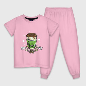 Детская пижама хлопок с принтом Кофе медитирует в Новосибирске, 100% хлопок |  брюки и футболка прямого кроя, без карманов, на брюках мягкая резинка на поясе и по низу штанин
 | йога | кофе | лицо | медитация | отдых | стакан | хипстер | чилл