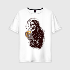 Женская футболка хлопок Oversize с принтом Смерть с кофе в Новосибирске, 100% хлопок | свободный крой, круглый ворот, спущенный рукав, длина до линии бедер
 | горячий | кости. скелет | кофе | кружка | хипстер | череп