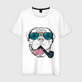 Мужская футболка хлопок с принтом Бульмастиф в Новосибирске, 100% хлопок | прямой крой, круглый вырез горловины, длина до линии бедер, слегка спущенное плечо. | бульмастиф | очки | собака | трубка | хипстер | язык