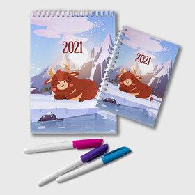 Блокнот с принтом Спящий бык 2021 в Новосибирске, 100% бумага | 48 листов, плотность листов — 60 г/м2, плотность картонной обложки — 250 г/м2. Листы скреплены удобной пружинной спиралью. Цвет линий — светло-серый
 | 2021 | 7 января | bull | newyear | santa | бык | быки | бычок | год быка | дед мороз | корова | новогодние каникулы | новогодние праздники | новый 2021 | новый год | новый год 2021 | рождество | сани | санта | санта клаус
