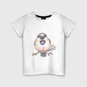 Детская футболка хлопок с принтом Милый пухлый птенчик в Новосибирске, 100% хлопок | круглый вырез горловины, полуприлегающий силуэт, длина до линии бедер | акварель | акварельный | арт | ветка | воробей | грудка | клюв | милый | птенец | птица | птичка | пухлый | рисунок | синица | снегирь