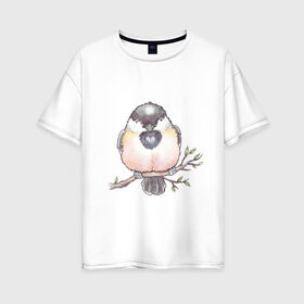 Женская футболка хлопок Oversize с принтом Милый пухлый птенчик в Новосибирске, 100% хлопок | свободный крой, круглый ворот, спущенный рукав, длина до линии бедер
 | акварель | акварельный | арт | ветка | воробей | грудка | клюв | милый | птенец | птица | птичка | пухлый | рисунок | синица | снегирь