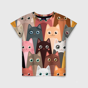 Детская футболка 3D с принтом Котики мультяшные в Новосибирске, 100% гипоаллергенный полиэфир | прямой крой, круглый вырез горловины, длина до линии бедер, чуть спущенное плечо, ткань немного тянется | Тематика изображения на принте: cat | cats | cosmos | kitten | mem | memes | rose | roses | глаза | глазки | киска | космос | кот | котёнок | котик | котики | котэ | котята | кошак | кошка | кошки | красивая | мем | мемчики | милая | прикольная | розы | светлая