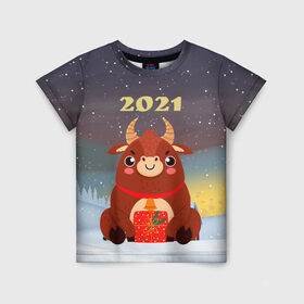 Детская футболка 3D с принтом Бык с подарками 2021 в Новосибирске, 100% гипоаллергенный полиэфир | прямой крой, круглый вырез горловины, длина до линии бедер, чуть спущенное плечо, ткань немного тянется | 2021 | 7 января | bull | newyear | santa | бык | быки | бычок | год быка | дед мороз | корова | новогодние каникулы | новогодние праздники | новый 2021 | новый год | новый год 2021 | рождество | сани | санта | санта клаус