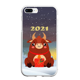 Чехол для iPhone 7Plus/8 Plus матовый с принтом Бык с подарками 2021 в Новосибирске, Силикон | Область печати: задняя сторона чехла, без боковых панелей | Тематика изображения на принте: 2021 | 7 января | bull | newyear | santa | бык | быки | бычок | год быка | дед мороз | корова | новогодние каникулы | новогодние праздники | новый 2021 | новый год | новый год 2021 | рождество | сани | санта | санта клаус