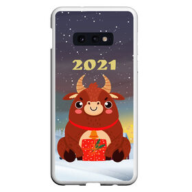 Чехол для Samsung S10E с принтом Бык с подарками 2021 в Новосибирске, Силикон | Область печати: задняя сторона чехла, без боковых панелей | 2021 | 7 января | bull | newyear | santa | бык | быки | бычок | год быка | дед мороз | корова | новогодние каникулы | новогодние праздники | новый 2021 | новый год | новый год 2021 | рождество | сани | санта | санта клаус