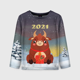 Детский лонгслив 3D с принтом Бык с подарками 2021 в Новосибирске, 100% полиэстер | длинные рукава, круглый вырез горловины, полуприлегающий силуэт
 | 2021 | 7 января | bull | newyear | santa | бык | быки | бычок | год быка | дед мороз | корова | новогодние каникулы | новогодние праздники | новый 2021 | новый год | новый год 2021 | рождество | сани | санта | санта клаус