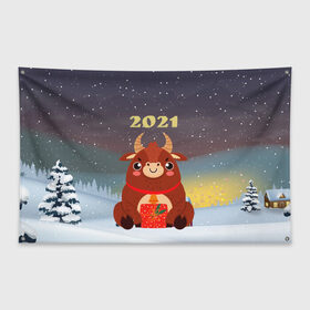Флаг-баннер с принтом Бык с подарками 2021 в Новосибирске, 100% полиэстер | размер 67 х 109 см, плотность ткани — 95 г/м2; по краям флага есть четыре люверса для крепления | 2021 | 7 января | bull | newyear | santa | бык | быки | бычок | год быка | дед мороз | корова | новогодние каникулы | новогодние праздники | новый 2021 | новый год | новый год 2021 | рождество | сани | санта | санта клаус