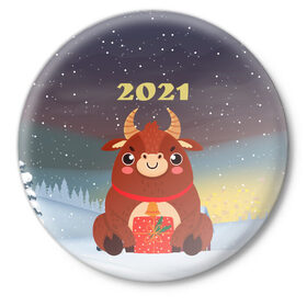 Значок с принтом Бык с подарками 2021 в Новосибирске,  металл | круглая форма, металлическая застежка в виде булавки | 2021 | 7 января | bull | newyear | santa | бык | быки | бычок | год быка | дед мороз | корова | новогодние каникулы | новогодние праздники | новый 2021 | новый год | новый год 2021 | рождество | сани | санта | санта клаус
