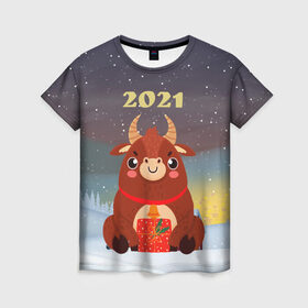 Женская футболка 3D с принтом Бык с подарками 2021 в Новосибирске, 100% полиэфир ( синтетическое хлопкоподобное полотно) | прямой крой, круглый вырез горловины, длина до линии бедер | 2021 | 7 января | bull | newyear | santa | бык | быки | бычок | год быка | дед мороз | корова | новогодние каникулы | новогодние праздники | новый 2021 | новый год | новый год 2021 | рождество | сани | санта | санта клаус