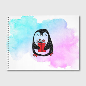 Альбом для рисования с принтом Милый пингвин с подарком в Новосибирске, 100% бумага
 | матовая бумага, плотность 200 мг. | Тематика изображения на принте: 